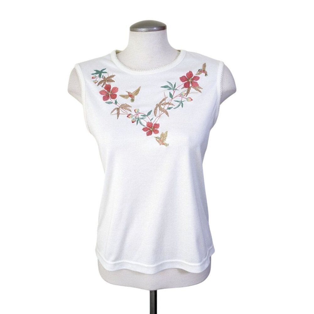 *Vintage Womens Tank Size S Petite Cream Hummingbird Flowers Embroidered
